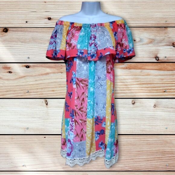 UMGEE | PATCHWORK PAISLEY COLORFUL BOHO BEACHY  OFF THE SHOULDER STRAPLESS DRESS - Picture 6 of 16